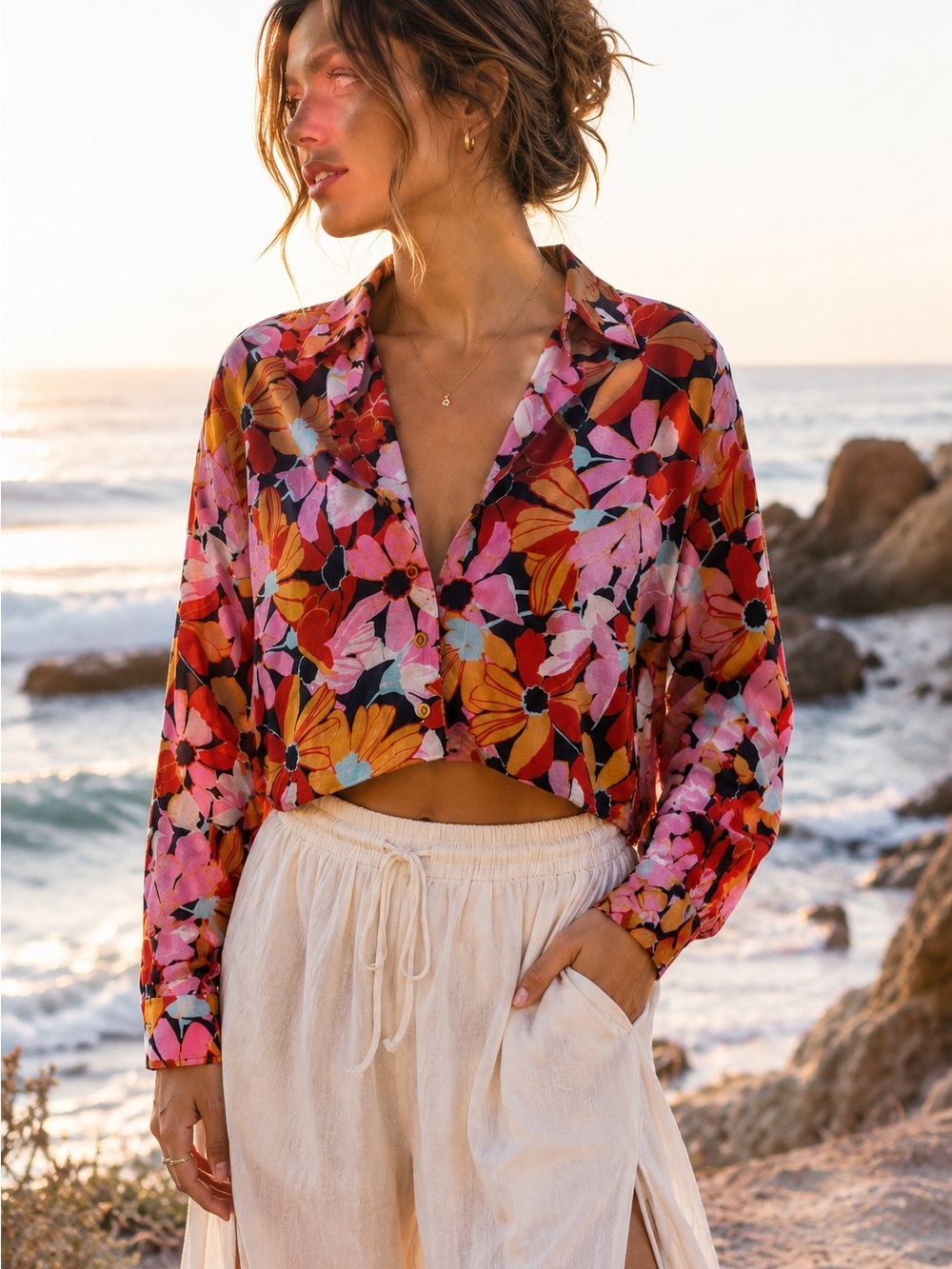 Maeve Anthropologie Floral Button Up Cropped Blouse Small Retro